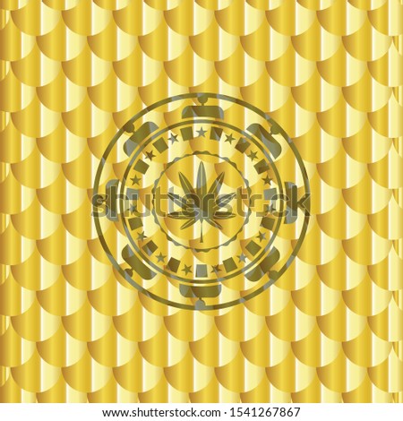 marijuana leaf, weed icon inside golden badge or emblem. Scales pattern. Vector Illustration. Detailed.