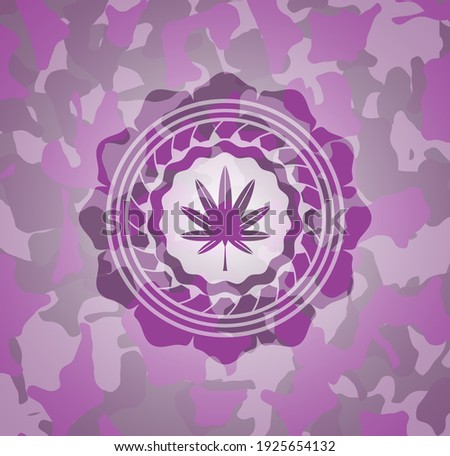 marijuana leaf, weed icon inside pink and purple camouflage texture. 