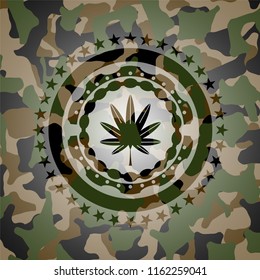 marijuana leaf, weed icon on camo texture