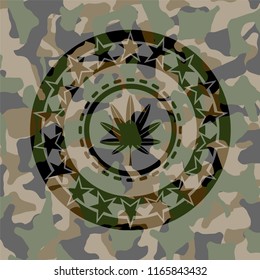 marijuana leaf, weed icon on camouflaged texture