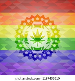 marijuana leaf, weed icon on mosaic background with the colors of the LGBT flag