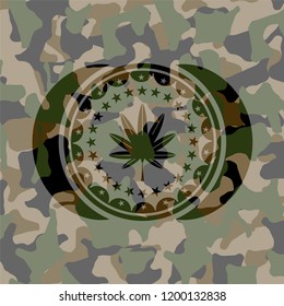 marijuana leaf, weed icon on camo pattern