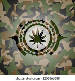 marijuana leaf, weed icon on camouflage pattern