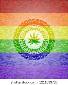 marijuana leaf, weed icon on mosaic background with the colors of the LGBT flag