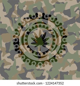 marijuana leaf, weed icon on camo pattern