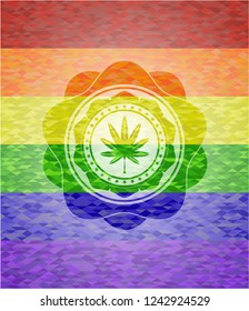 marijuana leaf, weed icon on mosaic background with the colors of the LGBT flag