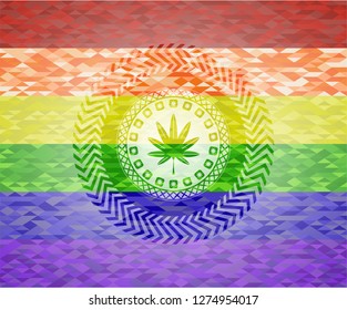 marijuana leaf, weed icon on mosaic background with the colors of the LGBT flag