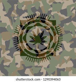 marijuana leaf, weed icon on camo pattern