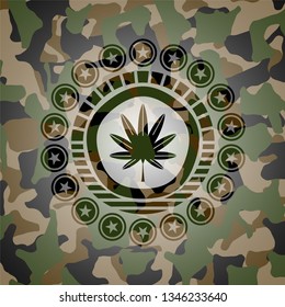 marijuana leaf, weed icon on camo texture