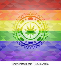 marijuana leaf, weed icon on mosaic background with the colors of the LGBT flag