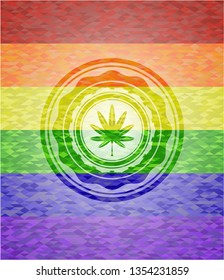 marijuana leaf, weed icon on mosaic background with the colors of the LGBT flag