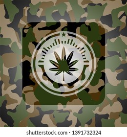 marijuana leaf, weed icon on camouflaged texture