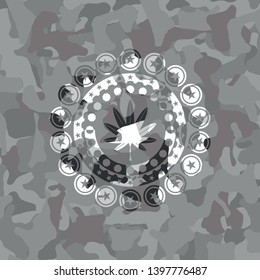 marijuana leaf, weed icon on grey camouflage texture