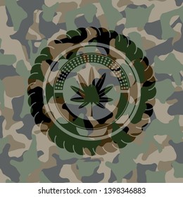 marijuana leaf, weed icon on camouflaged texture