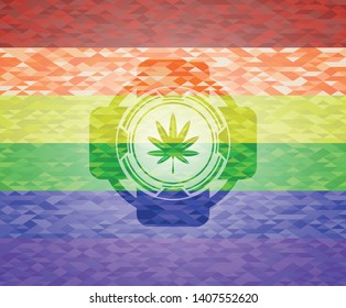 marijuana leaf, weed icon on mosaic background with the colors of the LGBT flag