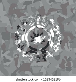marijuana leaf, weed icon on grey camouflaged pattern