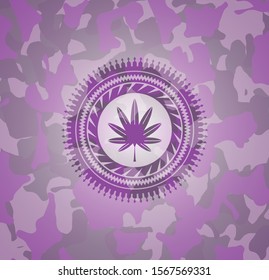 marijuana leaf, weed icon on pink camouflage texture