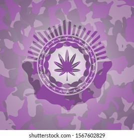 marijuana leaf, weed icon on pink camouflage texture