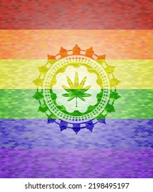 marijuana leaf, weed icon on mosaic background with the colors of the LGBT flag. 