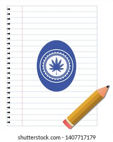 marijuana leaf, weed icon pen emblem. Blue ink. Vector Illustration. Detailed.