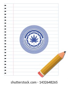 marijuana leaf, weed icon pen strokes emblem. Blue ink. Vector Illustration. Detailed.