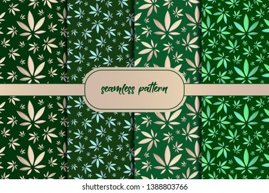 Marijuana leafs. Set of green trendy leafs seamless background. Forest trees seamless pattern. Nature