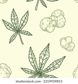 Marijuana leaves and buds seamless pattern. Cannabis hand drawn vintage background. Vector illustration in sketch style. Weed engraving design