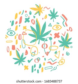 Marijuana Blätter und Cannabis mit abstrakten Elementen. Vektorillustration einzeln auf weißem Hintergrund. Doodle-Elemente im Rahmen eines Kreises