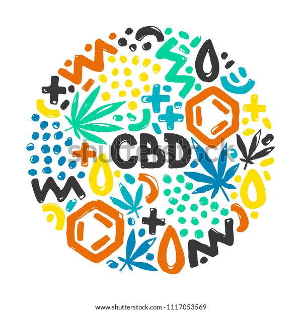 マリファナと大麻の葉 Cbdの油のベクター画像イラスト 円形に配置された落書きエレメント のベクター画像素材 ロイヤリティフリー