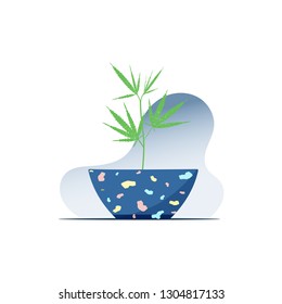 Marijuana leaves growing in a pot. Object on gradient background. Illustration with texture elements