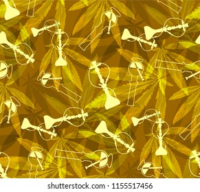 Marijuana leaves and Hookah seamless pattern. Cannabis hemp leaf on yellow color Vector Illustration background.