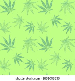 Hojas de marihuana en un fondo verde. Patrón transparente para la impresión y el sitio web. Ilustración del vector