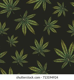 Marijuana leaves seamless pattern. Hand drawn vector illustration.
