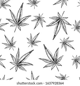 Marijuana leaves seamless pattern. Hand-drawn ink doodle hemp for packaging, banners and scrapbooking paper. Outline cannabis. Stock vector illustration isolated on transparent background.
