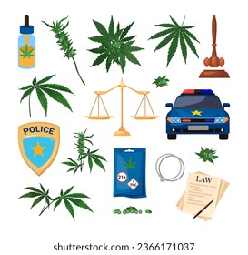 Marijuana legalization elements vector illustrations set. Cartoon drawings of leaves of marijuana, police car and badge, legal document, handcuffs, scales, gavel. Law, legal drugs, cannabis concept