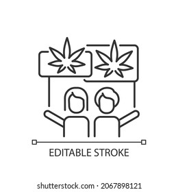 Marijuana legalization protest linear icon. Cannabis rights movement. Marijuana activists. Thin line customizable illustration. Contour symbol. Vector isolated outline drawing. Editable stroke
