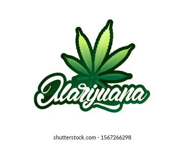 Marijuana in lettering style with leaf and gradient logo. Vector colourful emblem