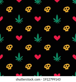 Marijuana Love Skull patrón sin fisuras. Ilustración vectorial dibujada a mano. Para diseño de superficie, impresión, afiche, icono, web, diseños gráficos.