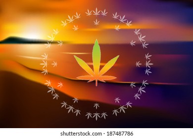 Marijuana mandala over a blurred summer tropical beach sunset landscape vector illustration