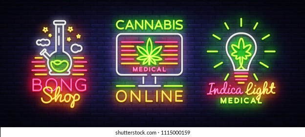 Marijuana Medical Logos Collection Neon Vector. Cannabis Online, Bong Shop, Indica Concept, Marijuana Smoking, Storing And Growing Cannabino Medical Equipment, Light Banner. Vector Illustration