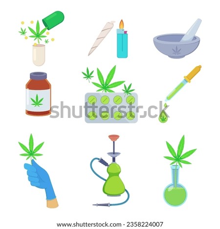 Marijuana as medication ingredient vector illustrations set. Collection of cartoon drawings of pills, oil, hand of doctor with cannabis leaf, hookah. Alternative medicine, healthcare, pharmacy concept