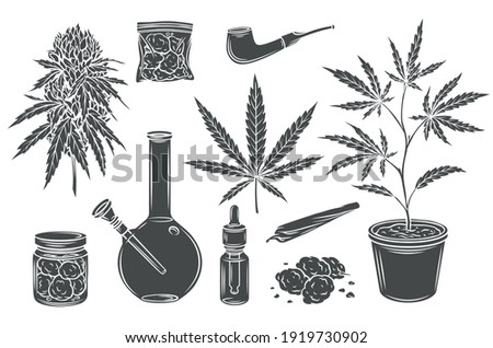 Marijuana monochrome glyph isolated vector icon set, hemp leaves and seeds, cannabis bud. Smoking cannabis pipe, cigarette, buds indica marijuana, joint, glass jar, tobacco and plastic bag.