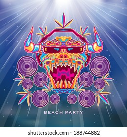 Marijuana monster DJ psychedelic party flyer vector illustration