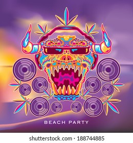 Marijuana monster DJ psychedelic party flyer vector illustration
