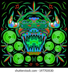 Marijuana monster DJ psychedelic party flyer vector illustration