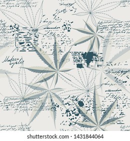 Marijuana on grunge background texture seamless pattern. Vector image.