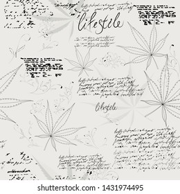 Marijuana on grunge background texture seamless pattern. Cannabis. Hand drawing. Vector image.