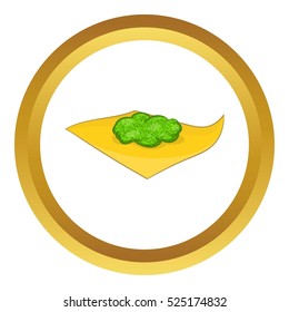 Marijuana on a paper vector icon in golden circle, cartoon style isolated on white background