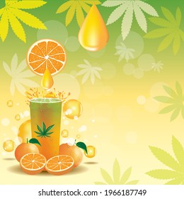 Marijuana-Orangensaft, Vektorgrafik-Hintergrund mit Hanfblättern und Orangensaftfallen