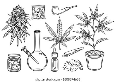 Marijuana outline icons vector set, hemp leaves and seeds, cannabis bud. Smoking cannabis pipe, cigarette, buds indica marijuana, joint, glass jar, tobacco and plastic bag.